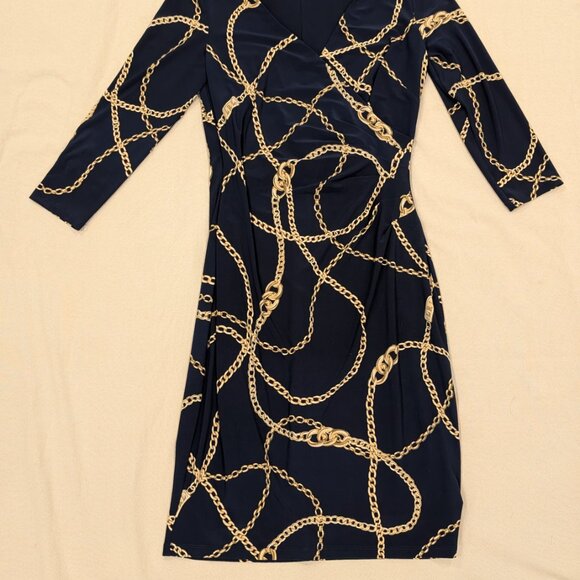 Ralph Lauren Navy Equestrian Chain Print Old Money Wrap Dress - Women's sz 8 - Picture 2 of 14